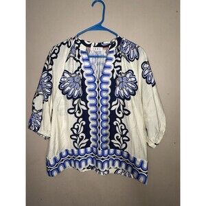 THML Blue and White Floral 3/4 Sleeve Blouse Size M Boho Resort Embroidered